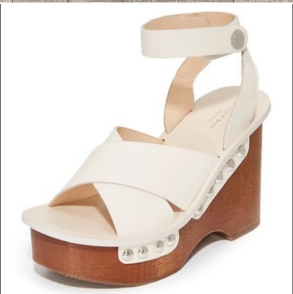 NIB Rag & Bone Hester White Leather & Wood Studded Platform Wedge Sandals Sz 9